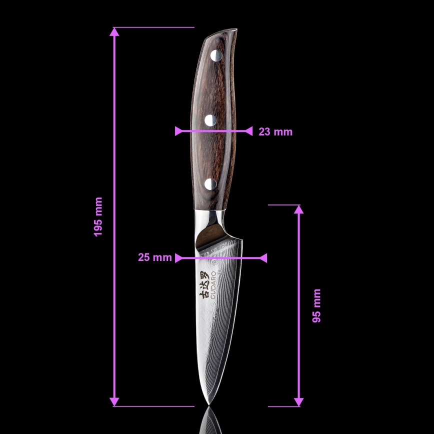 Gudaro - Coltello da cucina in damasco SHIRO 3,5, 67 strati d'acciaio, lunghezza 9,5 cm