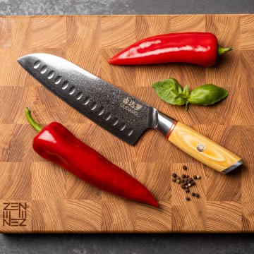Gudaro - Coltello da cucina Santoku HIKARI in acciaio damasco 7, 67 strati d'acciaio, lunghezza 17,5 cm