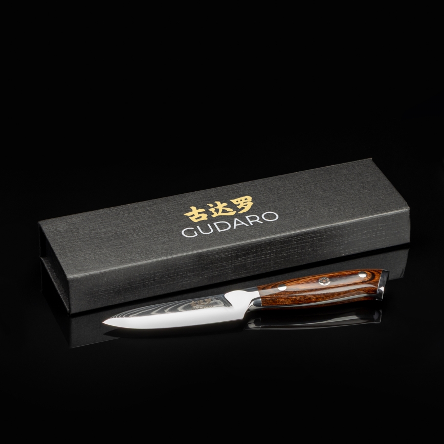 Gudaro - Couteau de cuisine en acier damassé FENG 3,5, 67 couches d'acier, longueur 9,5 cm