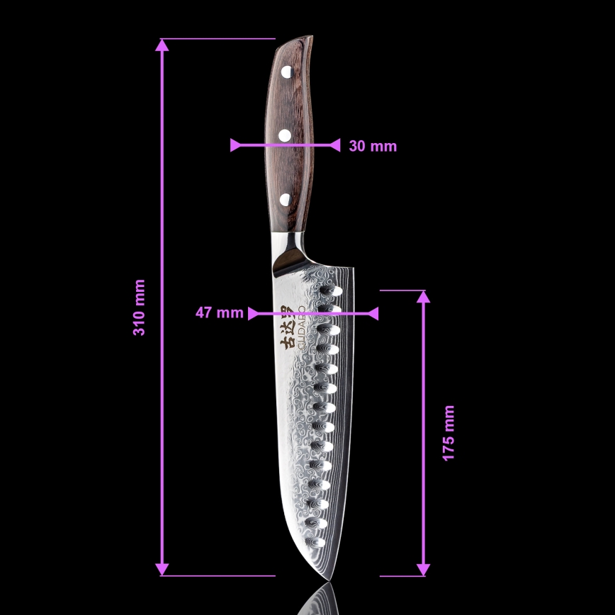 Gudaro - Couteau Santoku SHIRO en acier damassé à 67 couches, lame 7, longueur 17,5 cm