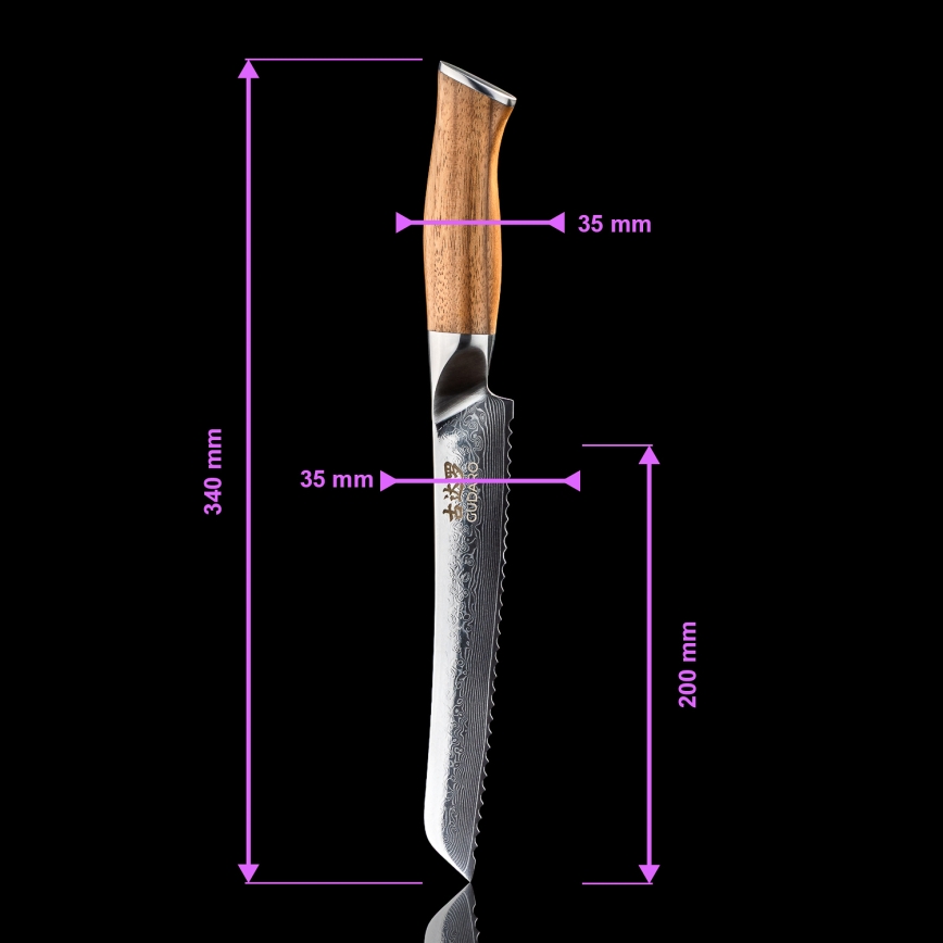 Gudaro - Damast-Brotmesser TAKUMI 8, 67-lagiger Stahl, Klingenlänge 20 cm, Walnussgriff