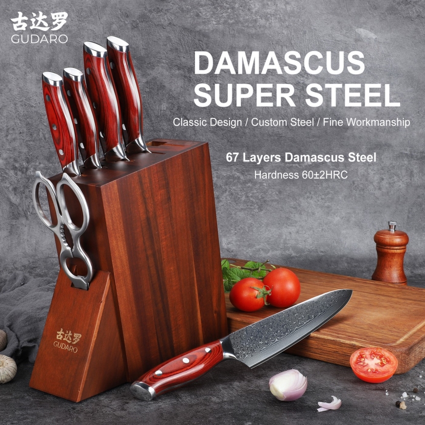 Gudaro - Ensemble KENSHO de 7 couteaux de cuisine avec bloc en acacia