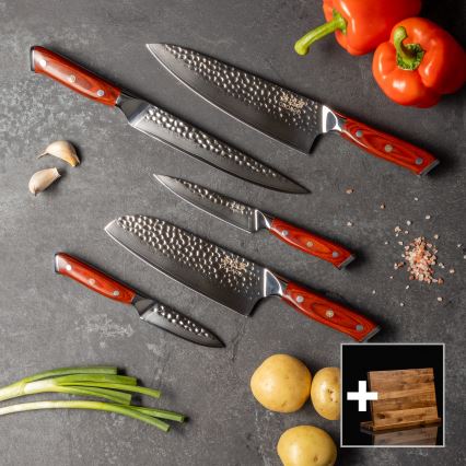 Gudaro - Lot de 5 couteaux de cuisine en acier damassé MIYABI + support magnétique