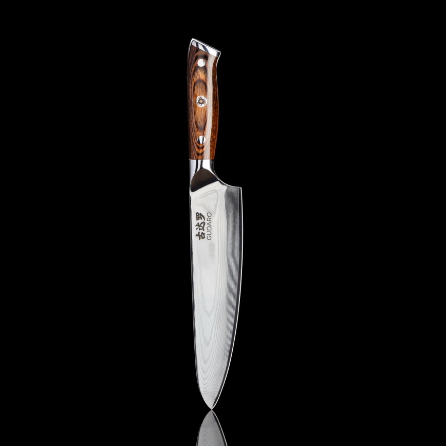 Gudaro - SET 1x coltello da chef in acciaio damascato a 67 strati FENG 8, lunghezza 20 cm + 1x coltello da cucina Santoku in acciaio damascato a 67 strati FENG 7,5, lunghezza 18 cm + 1x in omaggio coltello da cucina in acciaio damascato a 67 strati