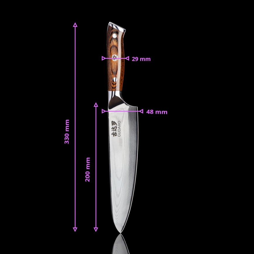 Gudaro - SET 1x coltello da chef in acciaio damascato a 67 strati FENG 8, lunghezza 20 cm + 1x coltello da cucina Santoku in acciaio damascato a 67 strati FENG 7,5, lunghezza 18 cm + 1x in omaggio coltello da cucina in acciaio damascato a 67 strati