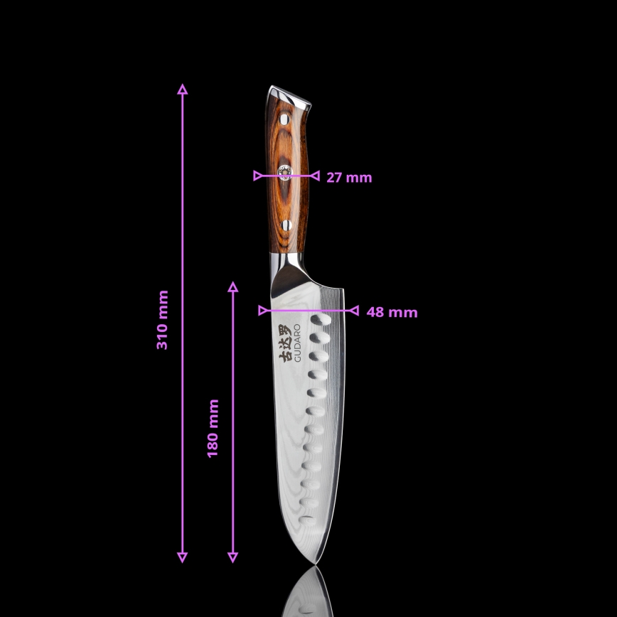 Gudaro - SET 1x coltello da chef in acciaio damascato a 67 strati FENG 8, lunghezza 20 cm + 1x coltello da cucina Santoku in acciaio damascato a 67 strati FENG 7,5, lunghezza 18 cm + 1x in omaggio coltello da cucina in acciaio damascato a 67 strati