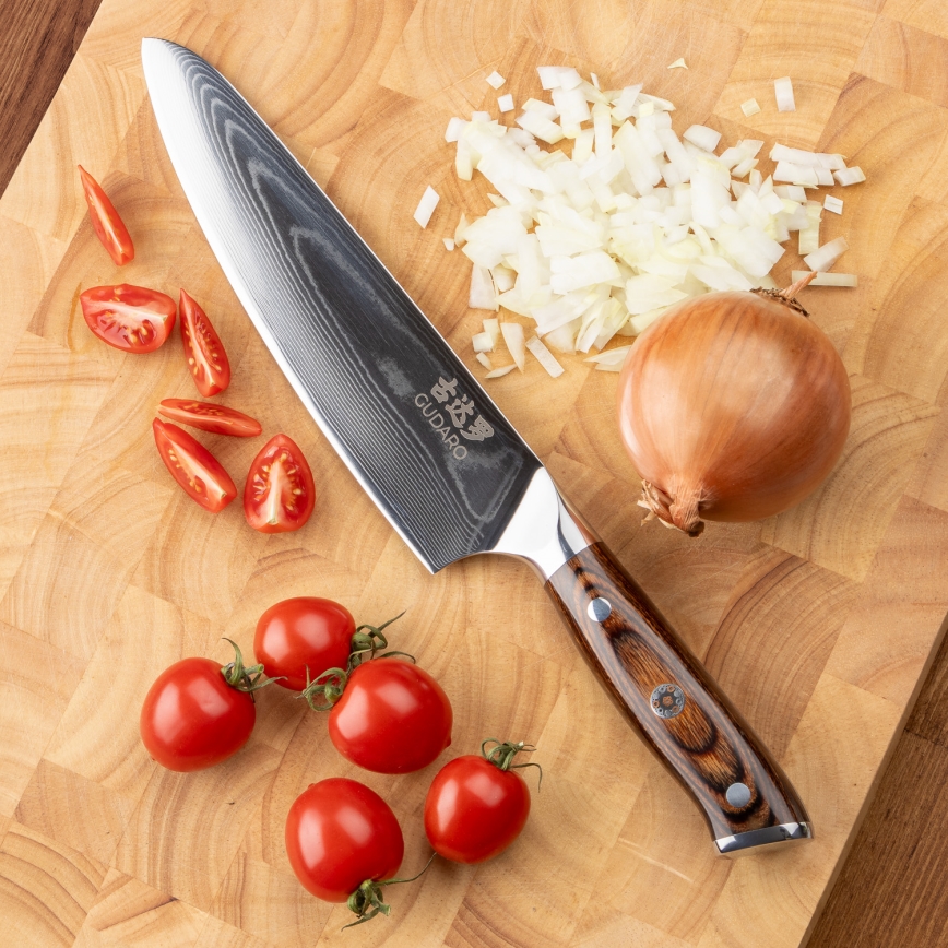 Gudaro - ENSEMBLE : 1x couteau de chef damassé FENG 8, en 67 couches d'acier, longueur 20 cm + 1x couteau de cuisine Santoku damassé FENG 7,5, en 67 couches d'acier, longueur 18 cm + 1x couteau d'office pour fruits damassé FENG 3,5, en 67 couches 