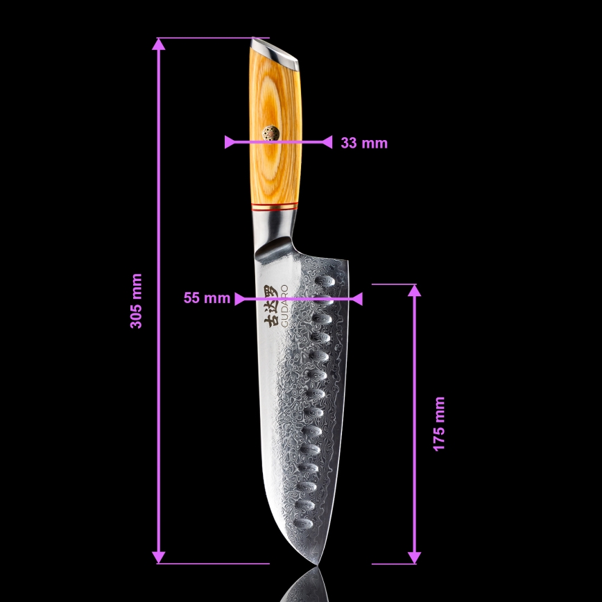Gudaro - Damast-Santoku-Küchenmesser HIKARI 7, aus 67 Lagen Damaststahl, Länge 17,5 cm