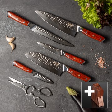 Gudaro-Set 5x Damast-Küchenmesser MIYABI + Messerblock und Geflügelschere