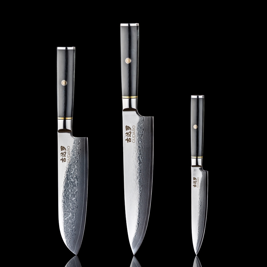 Gudaro - Set da 3 coltelli da cucina in acciaio damascato AKIRO + supporto magnetico