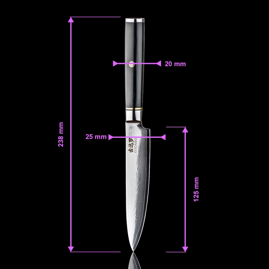 Gudaro - Set da 3 coltelli da cucina in acciaio damascato AKIRO + supporto magnetico