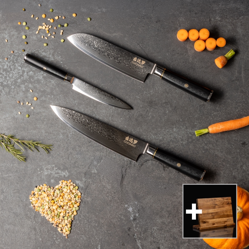 Gudaro - Set da 3 coltelli da cucina in acciaio damascato AKIRO + supporto magnetico