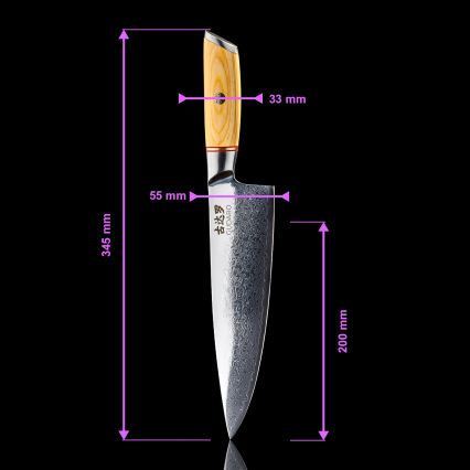 Gudaro - Set da 5 coltelli da cucina in acciaio damascato HIKARI + ceppo per coltelli e forbici per pollame