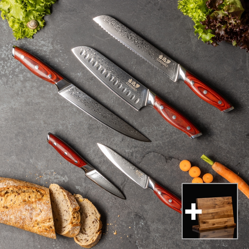 Gudaro - Set da 5 coltelli da cucina in damasco KENSHO + supporto magnetico
