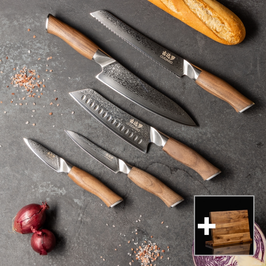Gudaro - Set da 5 coltelli da cucina in damasco TAKUMI + supporto magnetico per coltelli