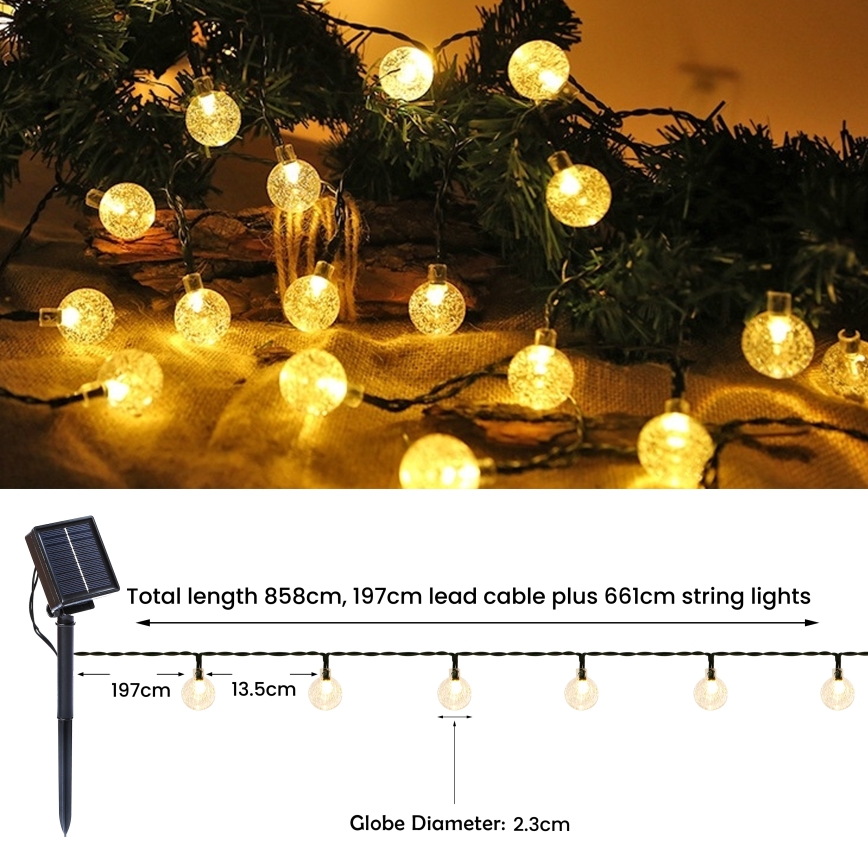 Guirlande décorative solaire BUBBLE 200xLED/8 fonctions 20m IP65 blanc chaud 800 mAh