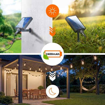 Guirlande décorative solaire LED à intensité variable 10xE27/0,3W/3/5V USB 2400 mAh 10,62 m IP65 noire + télécommande