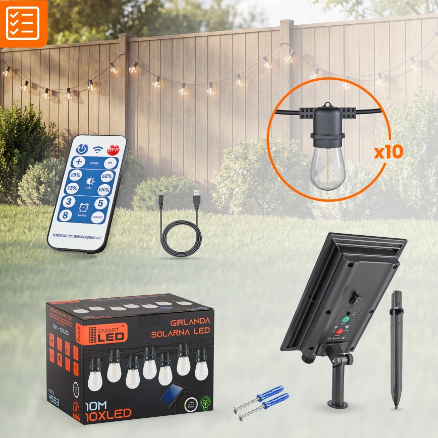 Guirlande décorative solaire LED à intensité variable 10xE27/0,3W/3/5V USB 2400 mAh 10,62 m IP65 noire + télécommande