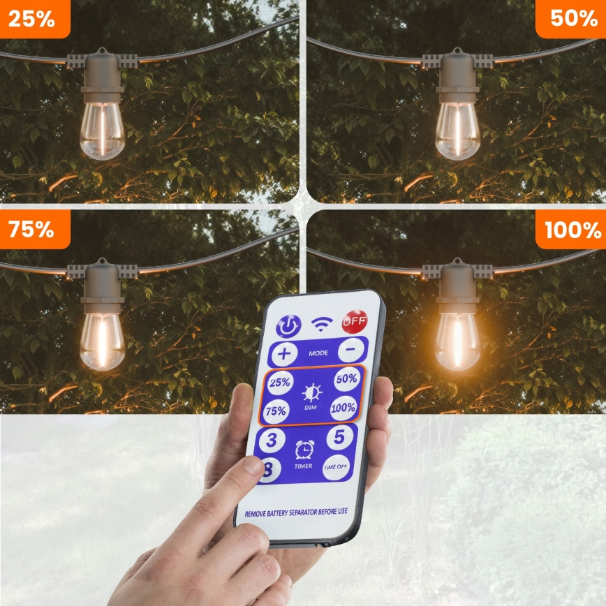 Guirlande solaire décorative LED dimmable 20xE27/0,3W/3/5V USB 2400 mAh 20,62 m IP65 noire + télécommande