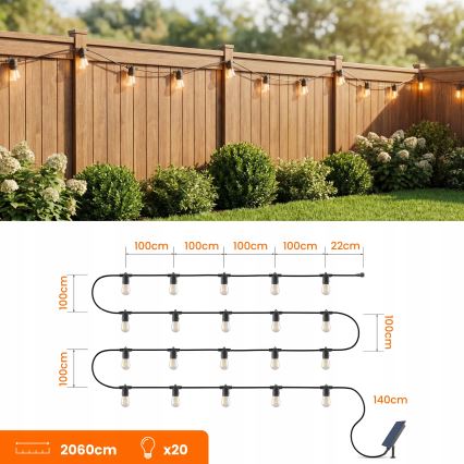 Guirlande solaire décorative LED dimmable 20xE27/0,3W/3/5V USB 2400 mAh 20,62 m IP65 noire + télécommande