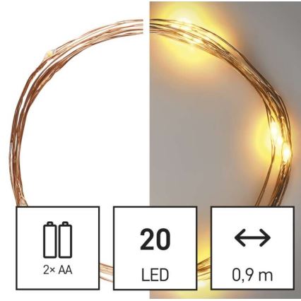 Guirlande LED de Noël 20 LED, 2,4 m, blanc chaud