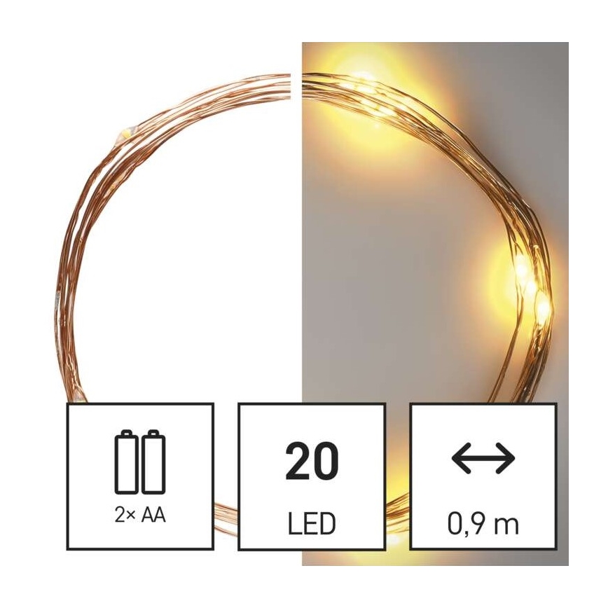 Guirlande LED de Noël 20 LED, 2,4 m, blanc chaud