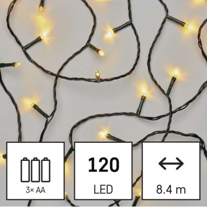 Guirlande LED d'extérieur 120 LED – alimentée par 3 piles AA, 8,9 m, IP44, blanc chaud
