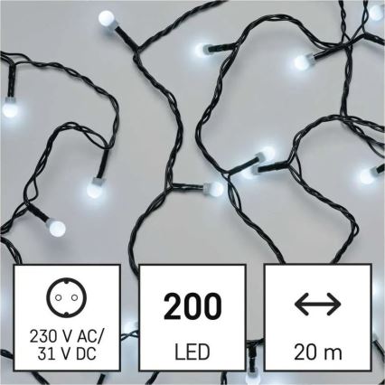 Guirlande lumineuse LED 200 LED — 8 modes, 20 m, IP44, blanc froid