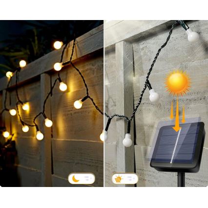 Guirlande solaire décorative 30 LED — 8 fonctions, batterie 500 mAh, 6,5 m, IP67, blanc chaud