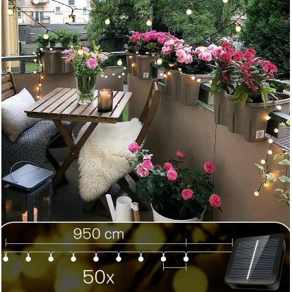 Guirlande solaire décorative 50 LED / 8 fonctions, 500 mAh, 9,5 m, IP67, blanc chaud