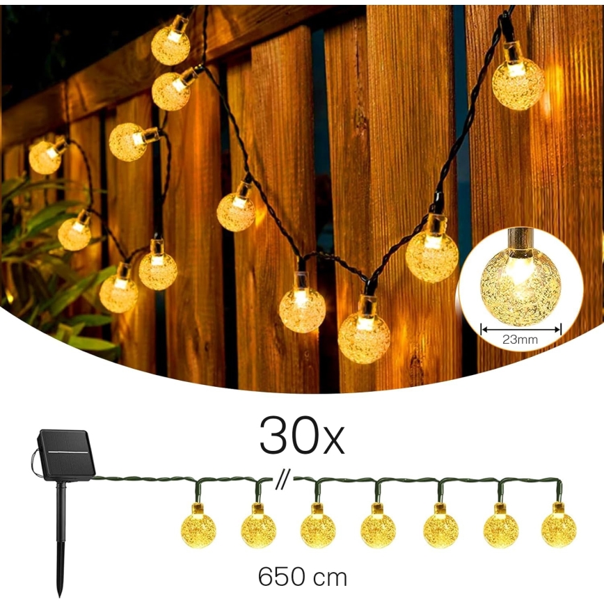 Guirlande solaire décorative LED 30xLED/8 fonctions 500 mAh 6,5 m IP67 blanc chaud