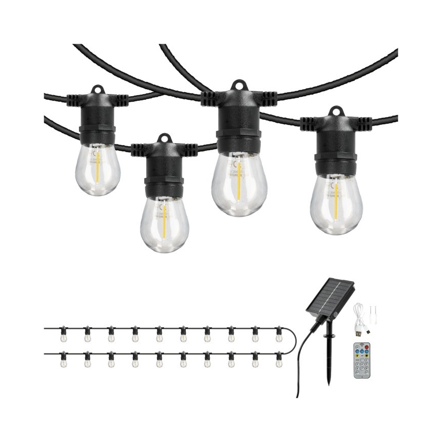 Guirlande solaire décorative LED dimmable STARLIGHT NEO 20 x E27 / 3,7 V 2700 K IP54 2400 mAh 21,5 m + télécommande
