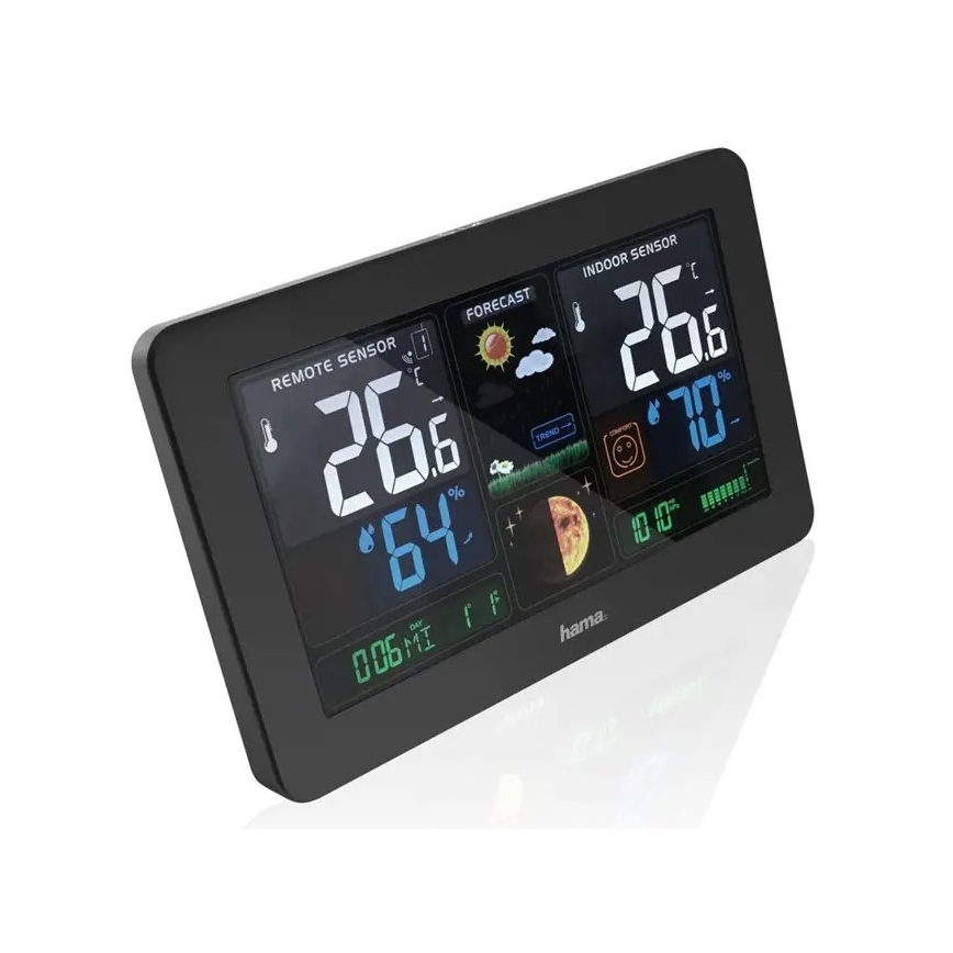 Hama - Station météo avec écran LCD couleur et réveil 230V/2xAA + USB noir