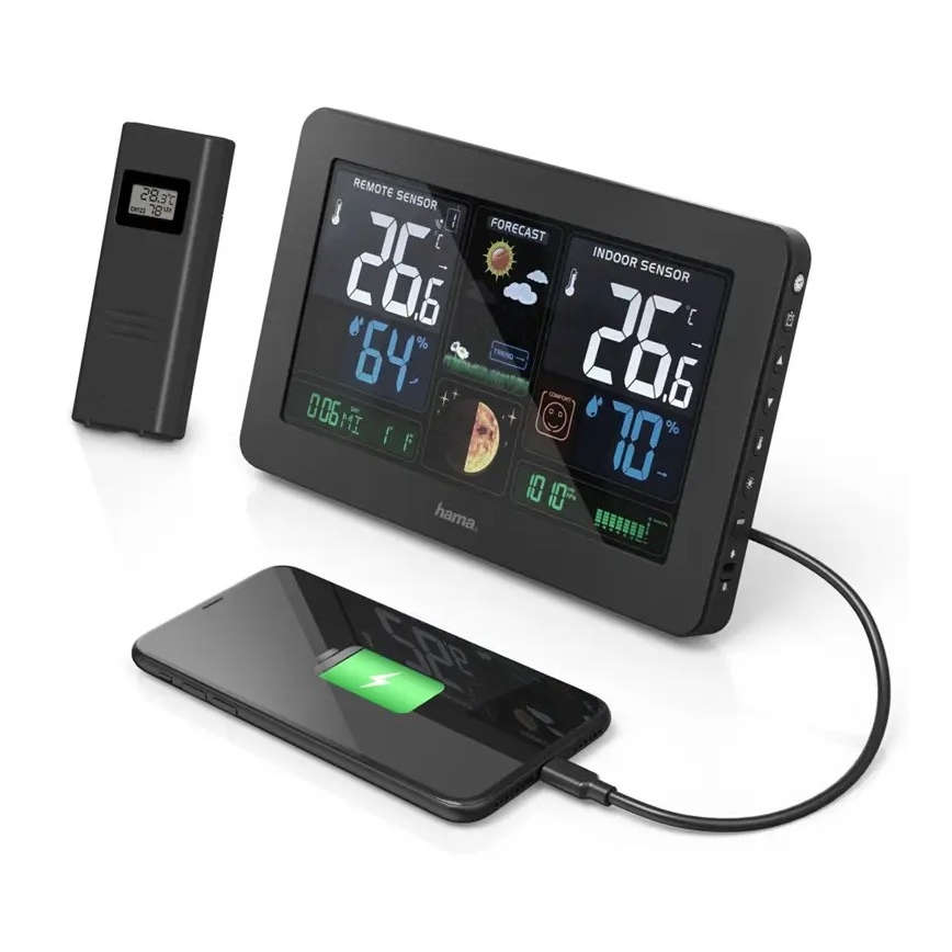Hama - Station météo avec écran LCD couleur et réveil 230V/2xAA + USB noir