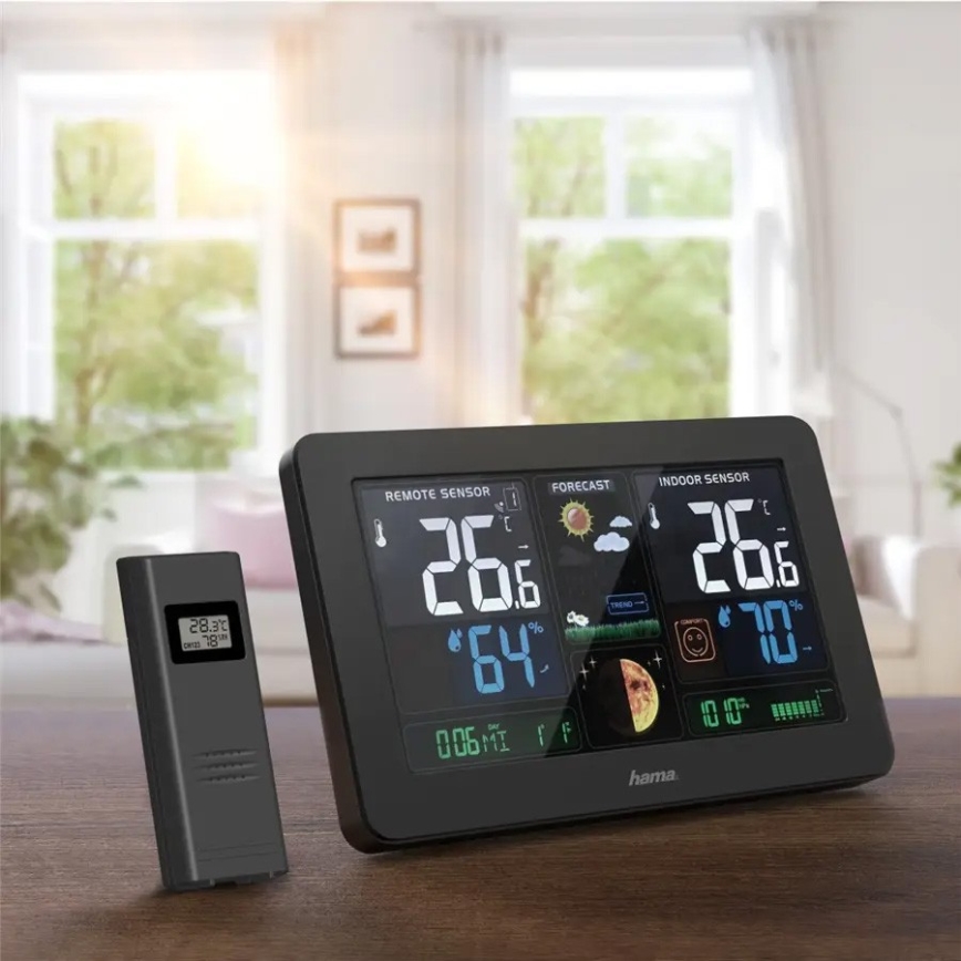 Hama - Stazione meteo con display LCD a colori e sveglia 230V/2xAA + USB nero