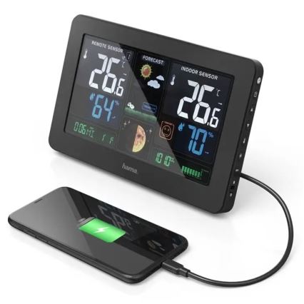 Hama - Stazione meteo con display LCD a colori e sveglia 230V/2xAA + USB nero