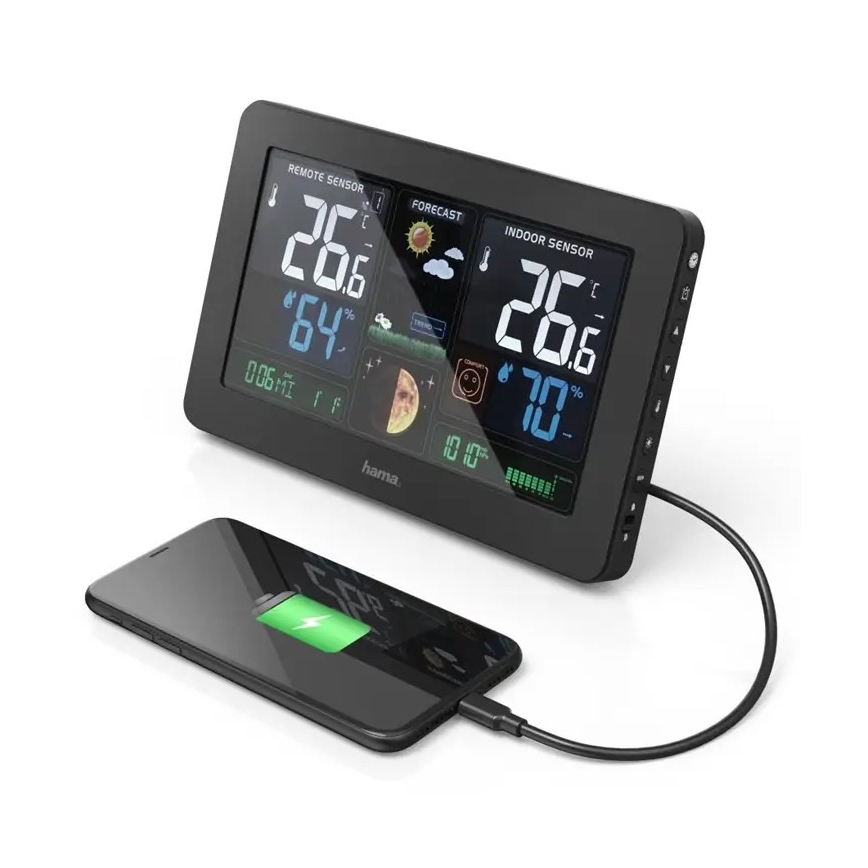 Hama - Stazione meteo con display LCD a colori e sveglia 230V/2xAA + USB nero