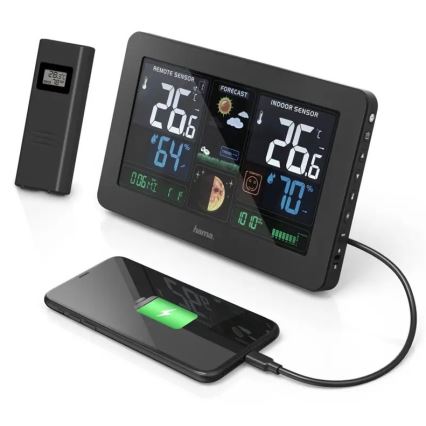 Hama - Stazione meteo con display LCD a colori e sveglia 230V/2xAA + USB nero