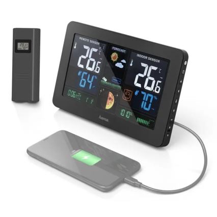 Hama - Stazione meteo con display LCD a colori e sveglia 230V/2xAA + USB nero
