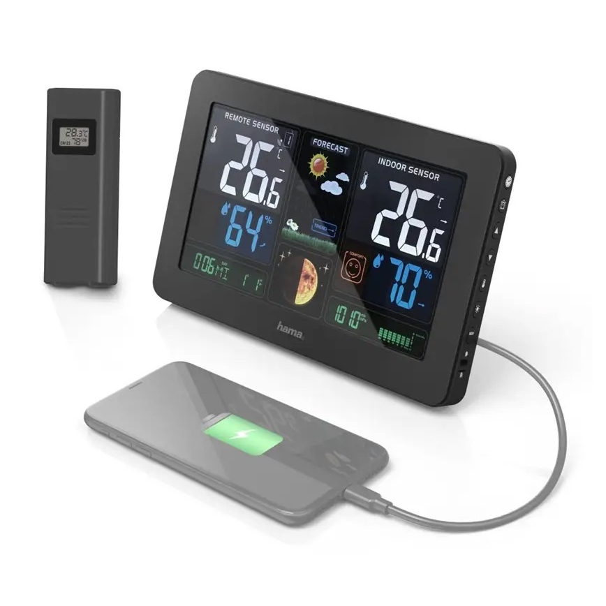 Hama – Wetterstation mit Farb-LCD-Display und Wecker + USB schwarz