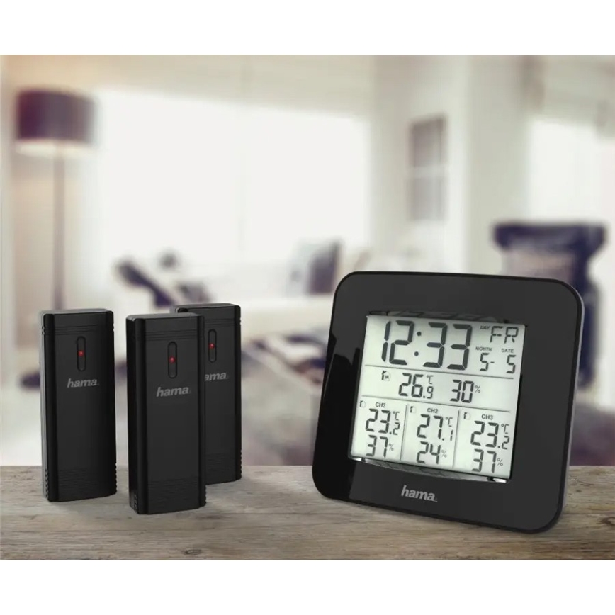 Hama – Wetterstation mit LCD-Display und Wecker 3xAAA + 3x Sensor 2xAA