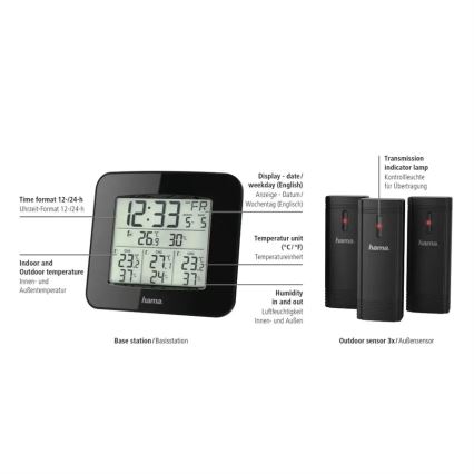 Hama – Wetterstation mit LCD-Display und Wecker 3xAAA + 3x Sensor 2xAA