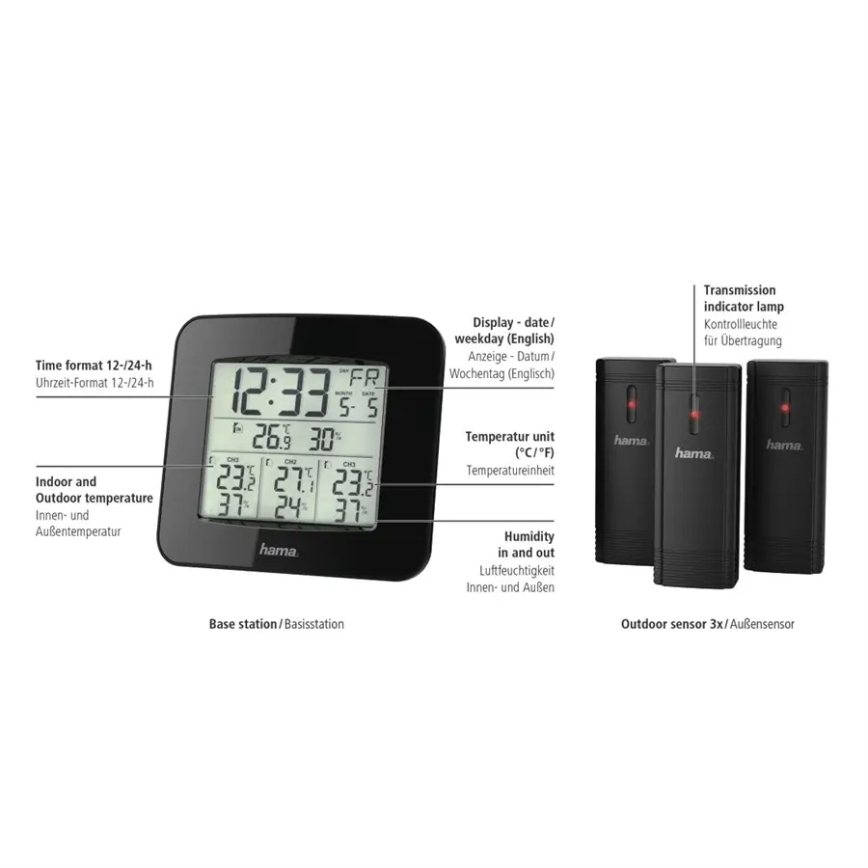 Hama – Wetterstation mit LCD-Display und Wecker 3xAAA + 3x Sensor 2xAA