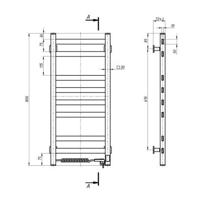 Handtuchheizkörper AVANGARD mit Thermostat 251W/230V, 80,6 cm, IP44, weiß, links, eckig