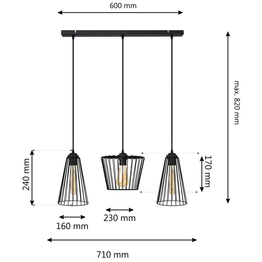 Hängeleuchte an Schnur TORRI 3xE27/15W/230V schwarz