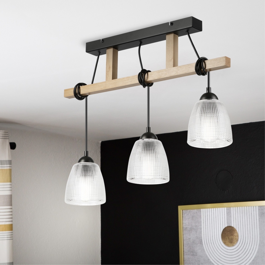 Hängeleuchte LEANDRA an Kabel, 3xE27/15W/230V, Eiche/Schwarz