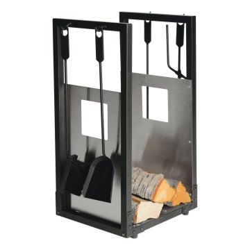 Holzkorb mit Kaminbesteck 5 Stk. schwarz