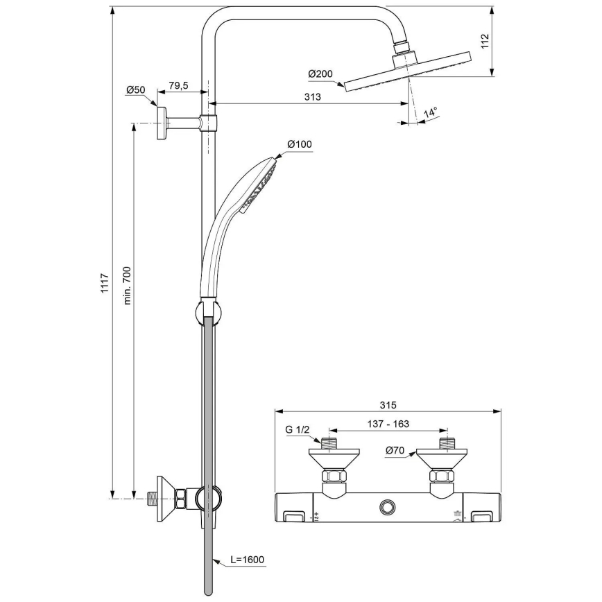 Ideal Standard A7208AA - Ensemble de douche avec mitigeur thermostatique CERATHERM T25, finition chrome brillant