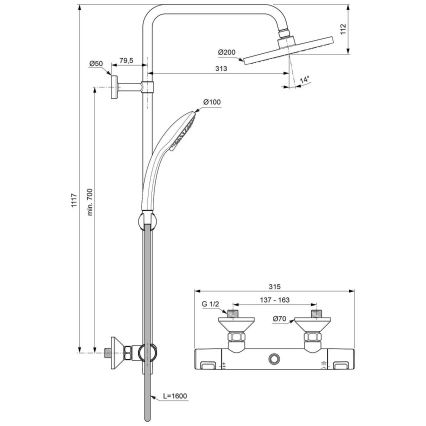Ideal Standard A7208AA - Set doccia con miscelatore termostatico CERATHERM T25, cromo lucido