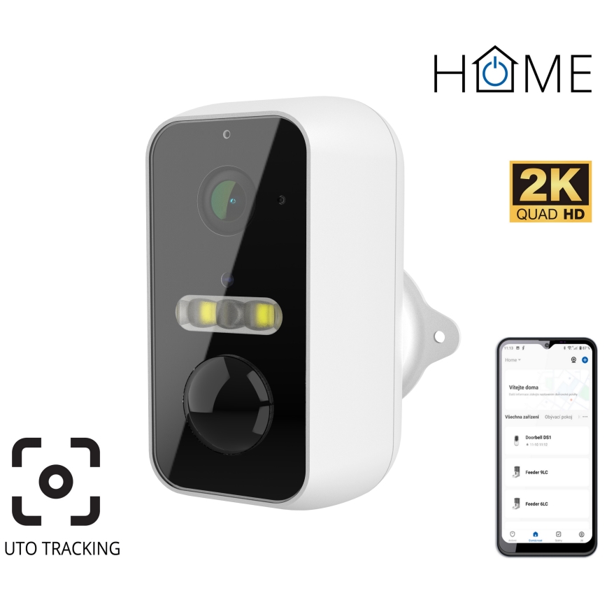 Intelligente Außenkamera mit Bewegungssensor, 2K, 9600 mAh, IP65, WLAN (Tuya), Weiß